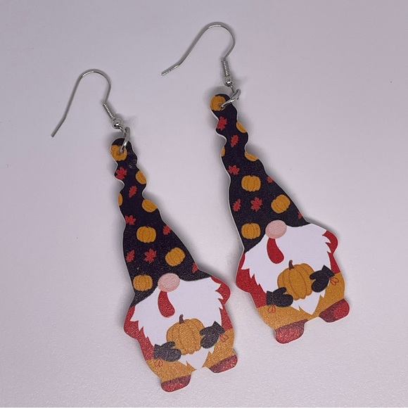 Fall & Halloween gnome themed orange, black, red faux leather trardrop earrings - Picture 3 of 6